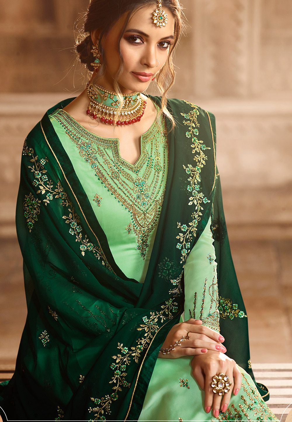 Sea Green Satin Georgette Embroidered Sharara Style Pakistani Suit 46074 