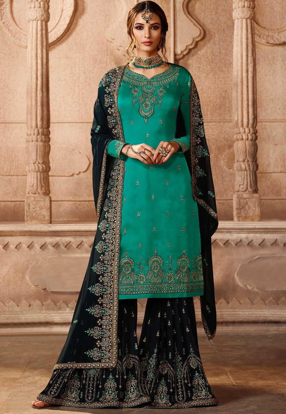 turquoise satin georgette embroidered sharara style pakistani suit 46069