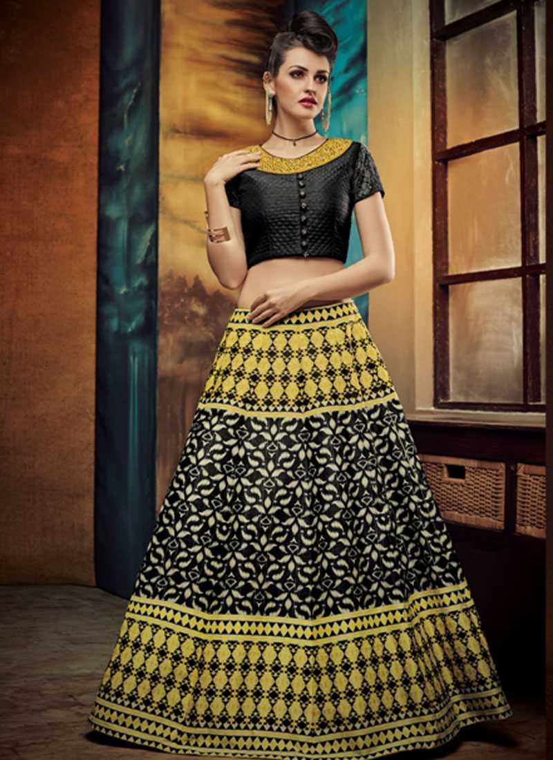 Wedding Lehenga Party Wear Black Silk Jute Printed Lehenga Choli