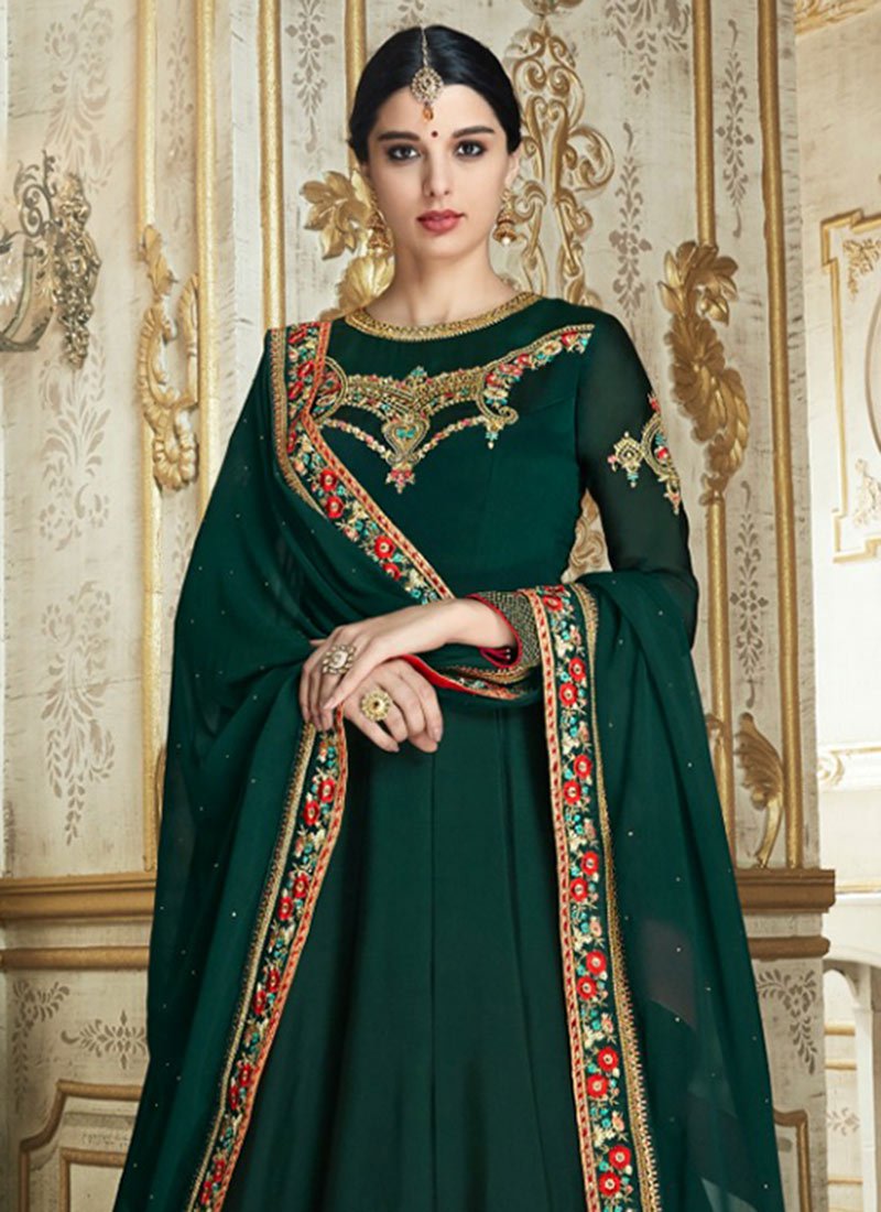 Green color barfi silk wedding wear anarkali 3005
