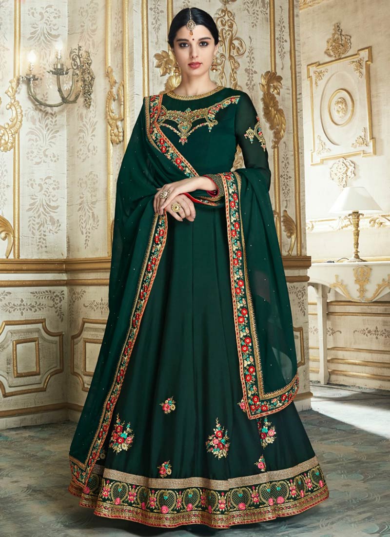 Green color barfi silk wedding wear anarkali 3005