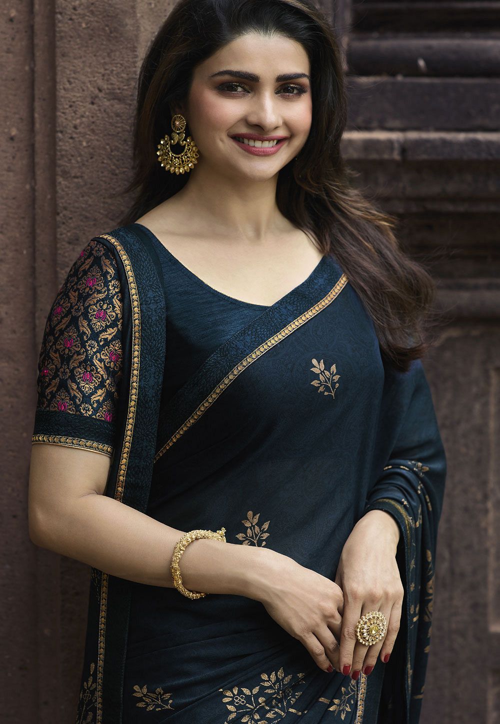 prachi desai navy blue silk georgette printed saree 20313