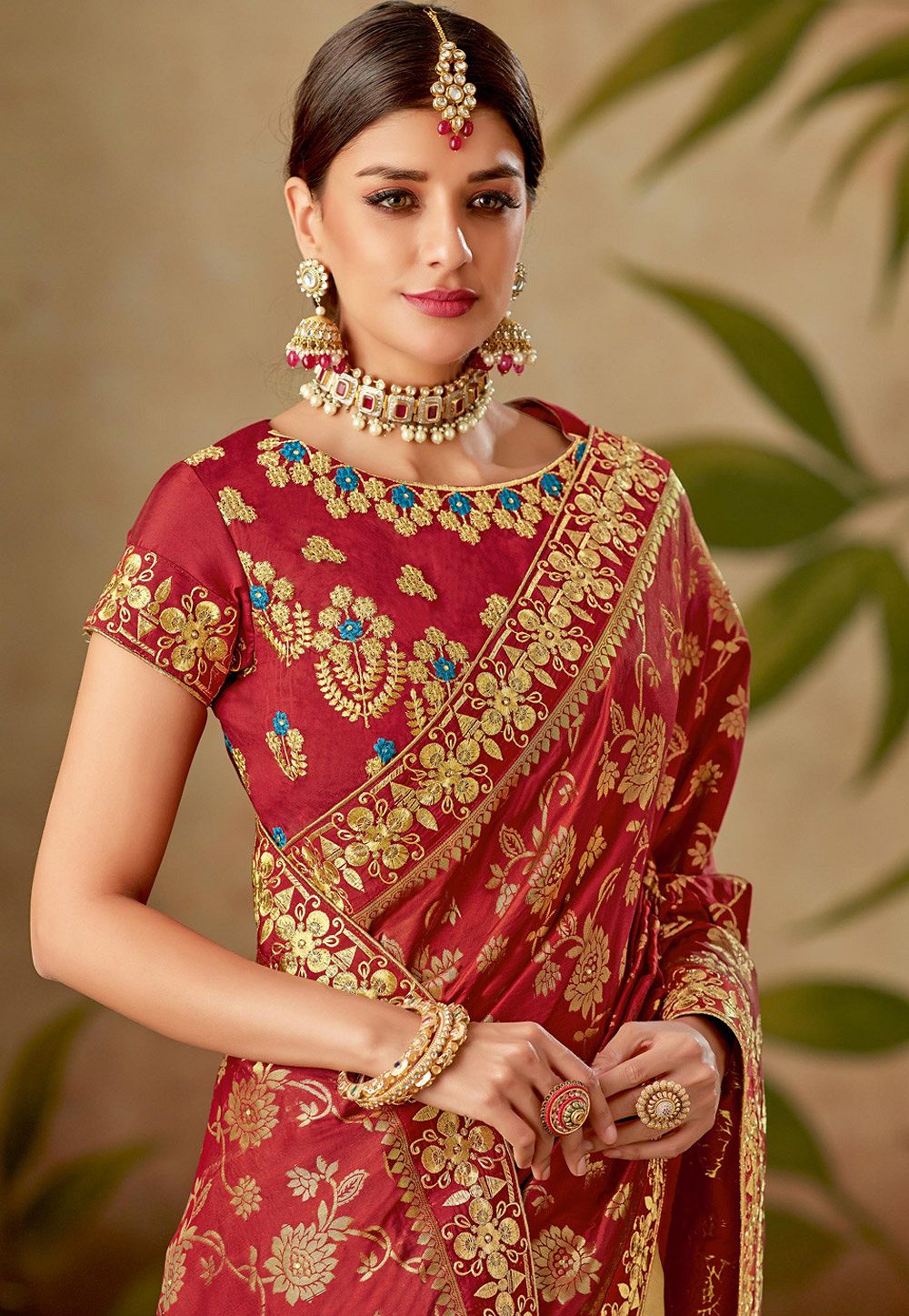 red beige silk embroidery saree with raw silk blouse 13104