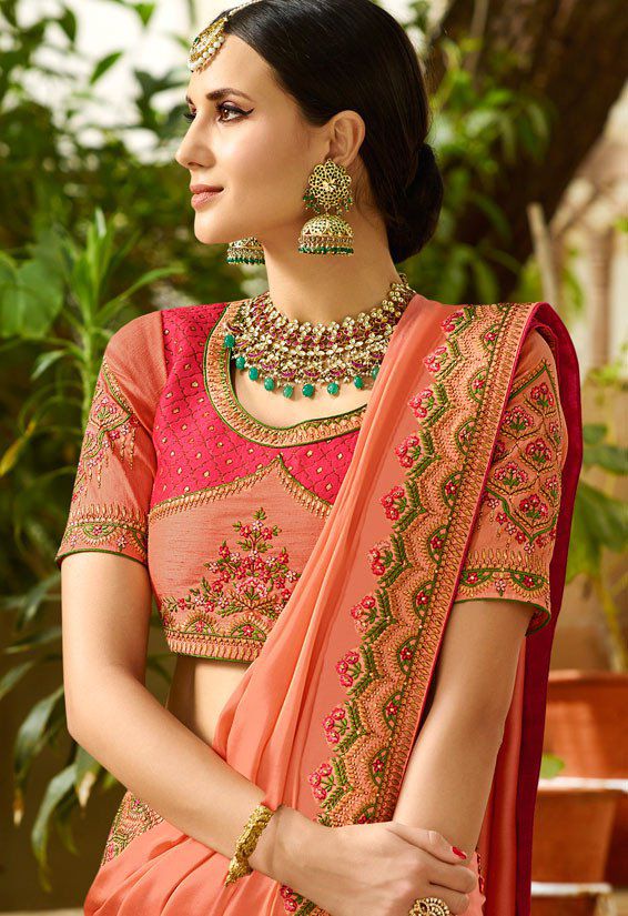 Buy Peach Color Barfi silk saree Indian wedding saree double blouse in ...