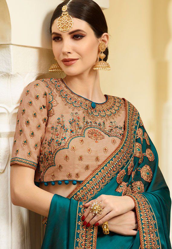 Buy Teal Color Barfi silk saree Indian wedding saree double blouse in ...