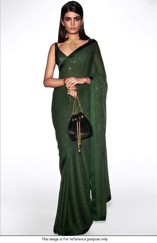 Buy Bollywood Sabyasachi Inspired bottle green georgette sequin saree in UK, USA and Canada