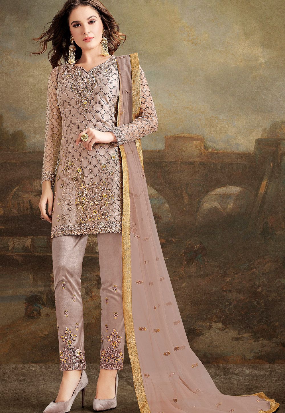 Buy Peach Georgette Pakistani Trouser Suit Online - SALV4813 | Appelle  Fashion