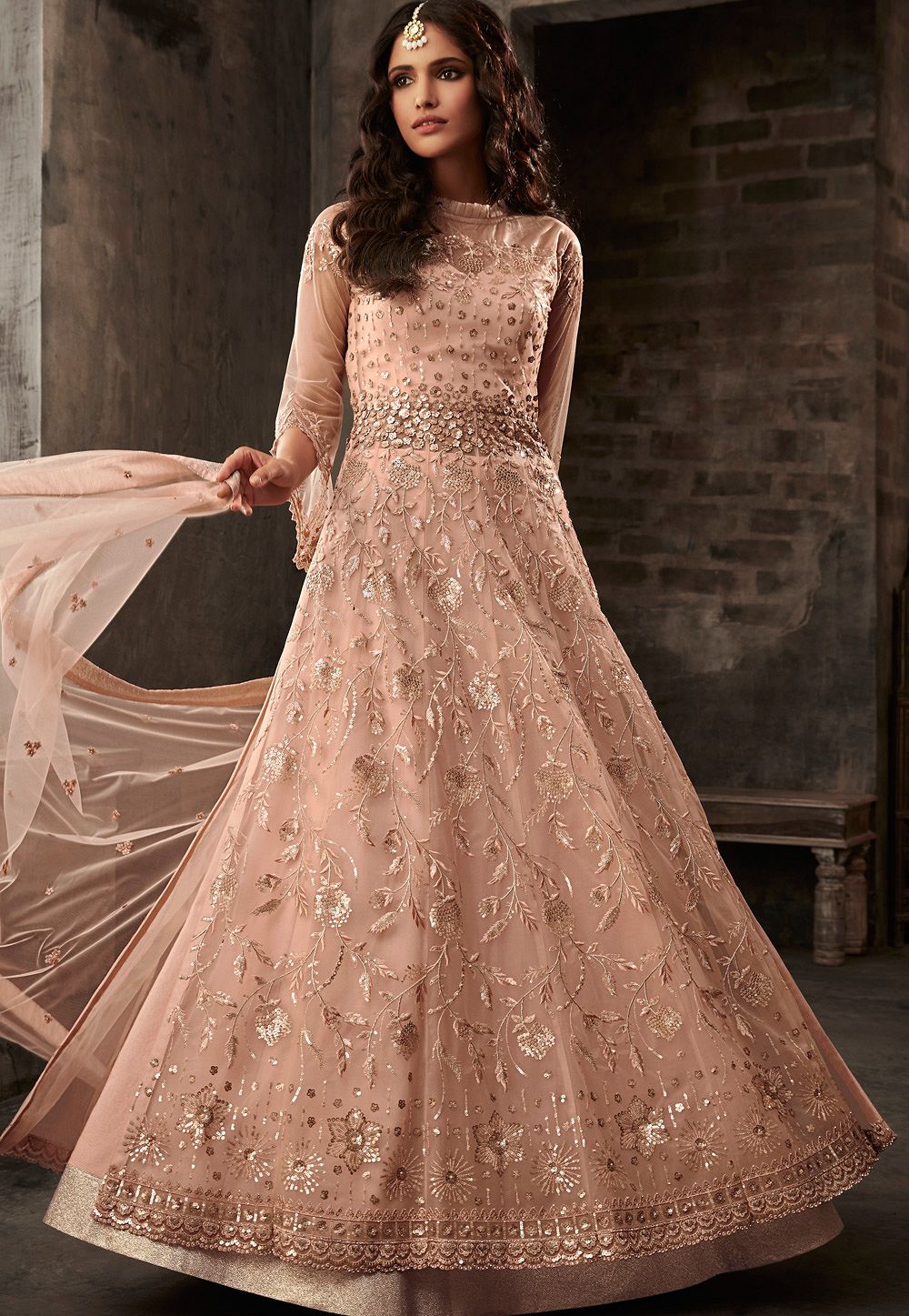 Peach Net Embroidered Designer Anarkali Suit 33001