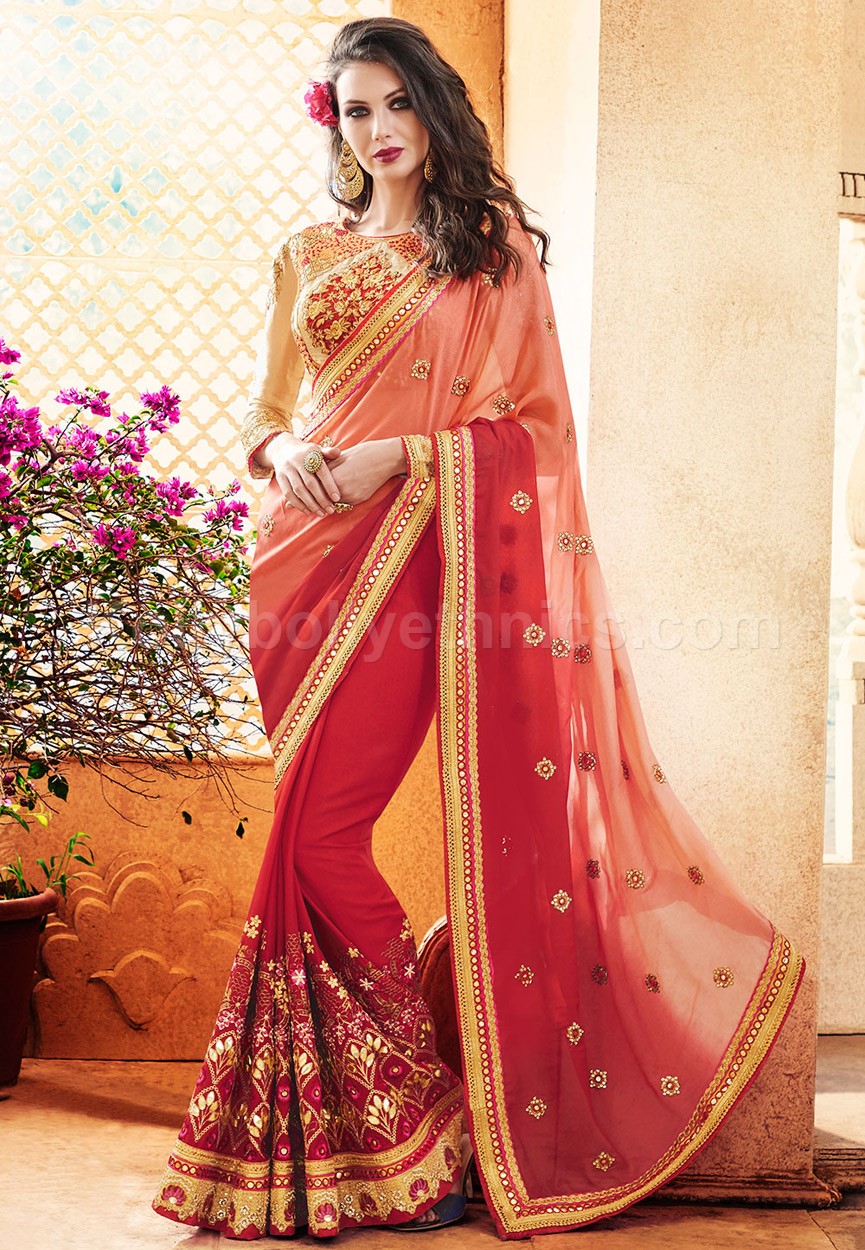 party wear saree peach colour