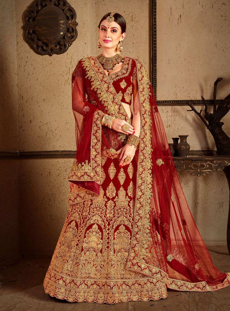 Maroon Velvet Indian Wedding lehenga choli 8009