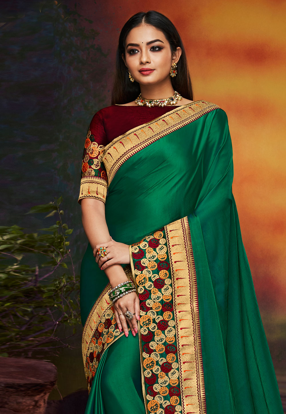 Green satin saree with blouse 2112