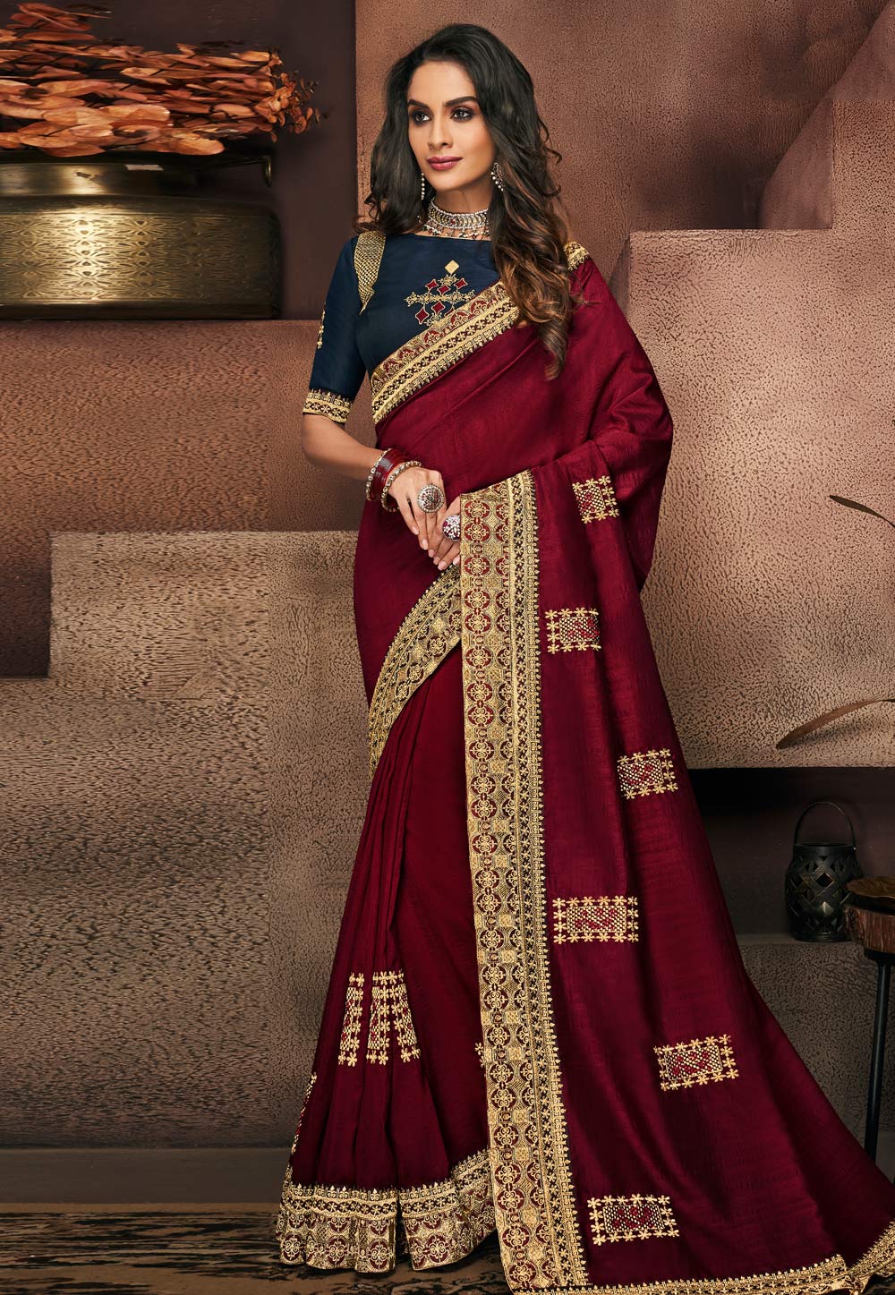 maroon party wear saree