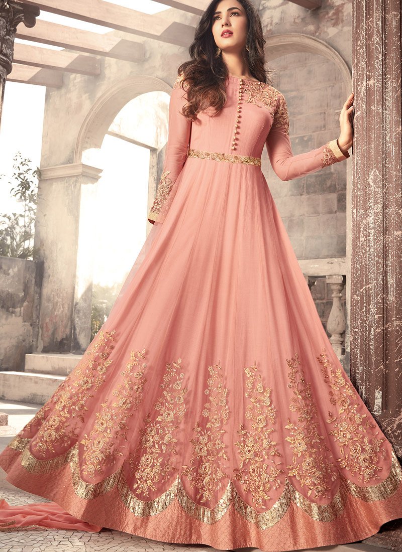 Light peach Eid Anarkali Suit in Embroidered Net - AS3467