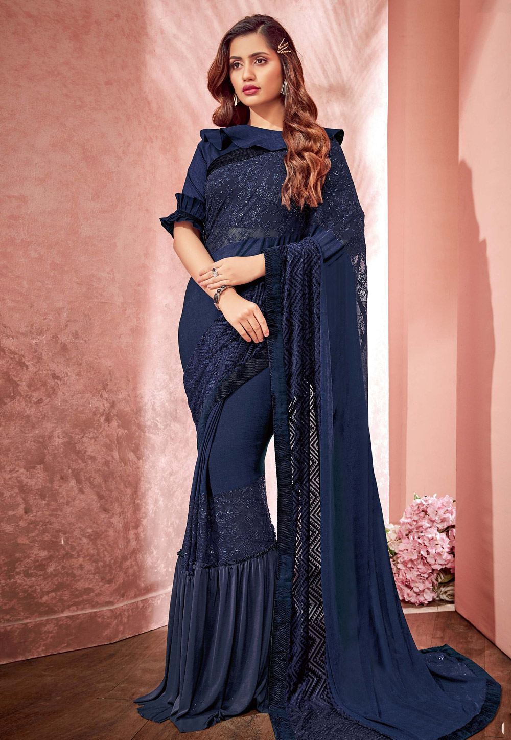 Navy blue lycra designer party wear saree 10804