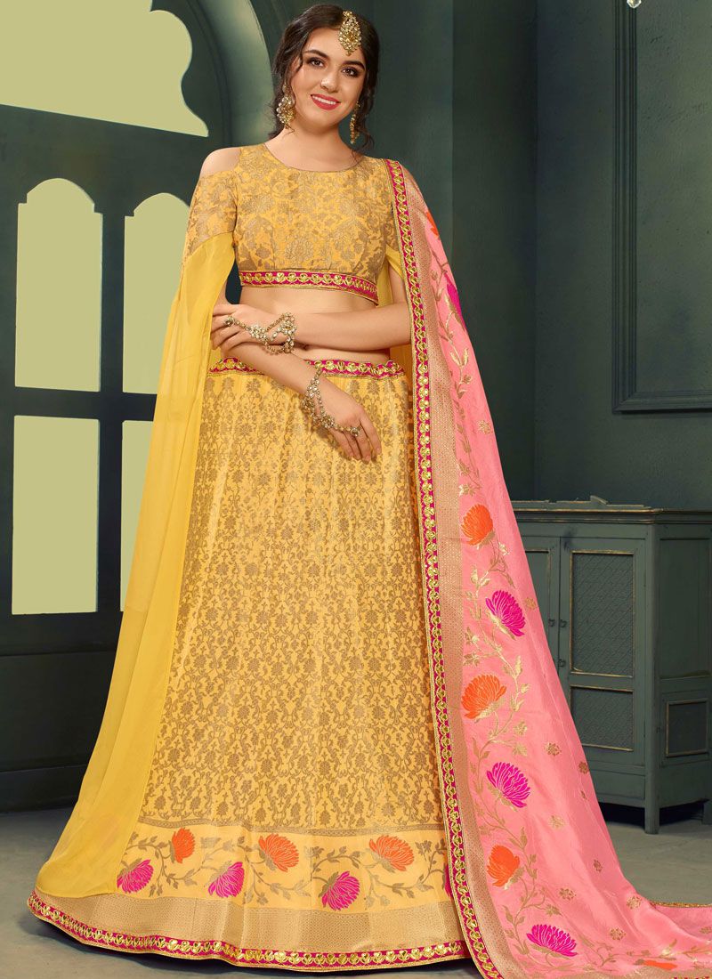 Yellow color  silk Indian  wedding  lehenga choli 604