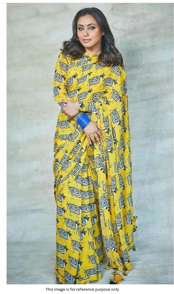 Buy Bollywood Rani Mukerjee inspired yellow crepe silk saree in UK, USA and Canada