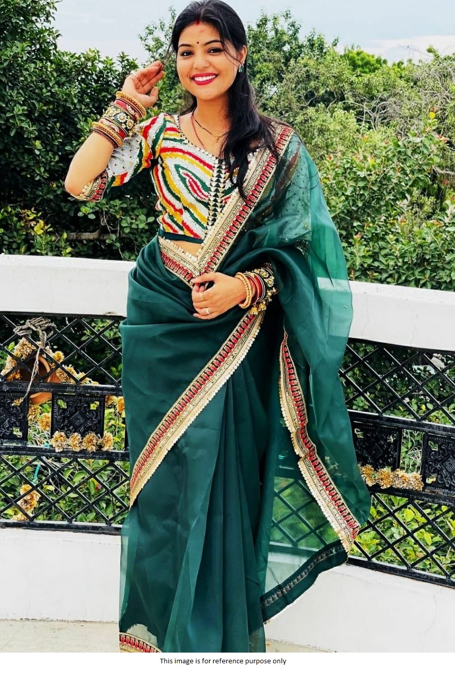 Buy Bollywood model Teal green organza saree in UK, USA and Canada