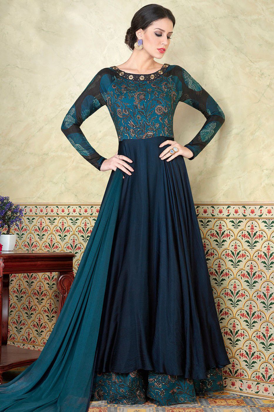 Blue satin party wear anarkali 5302