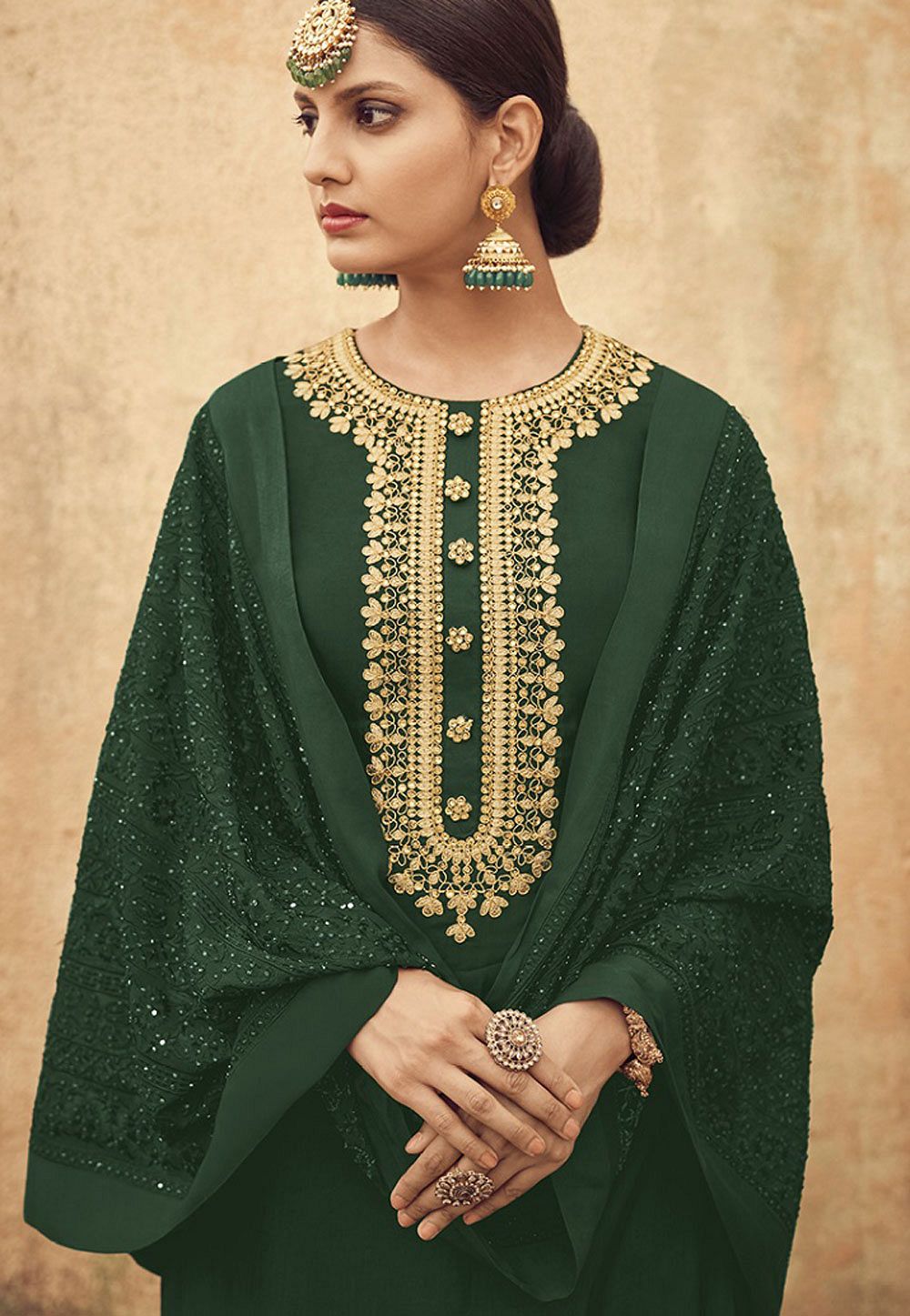 Green Pure Silk Sharara Style Pakistani Suit 46