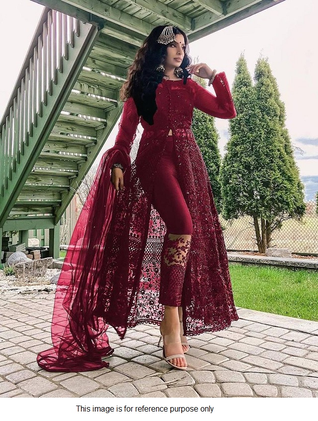 Buy Bollywood Model Maroon net front slit open suit in UK, USA and Canada