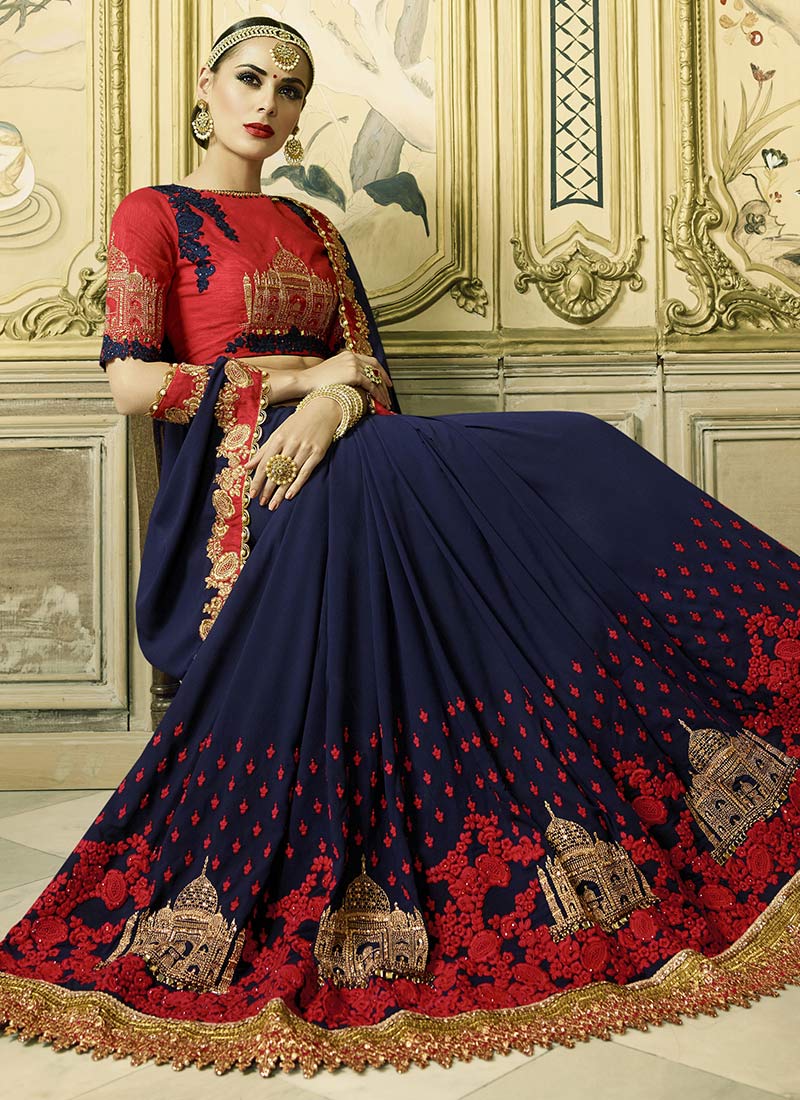 Buy Navy blue and red wedding wear saree in UK, USA and Canada