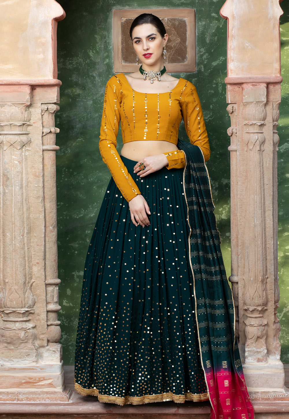Dark green on sale lehenga online