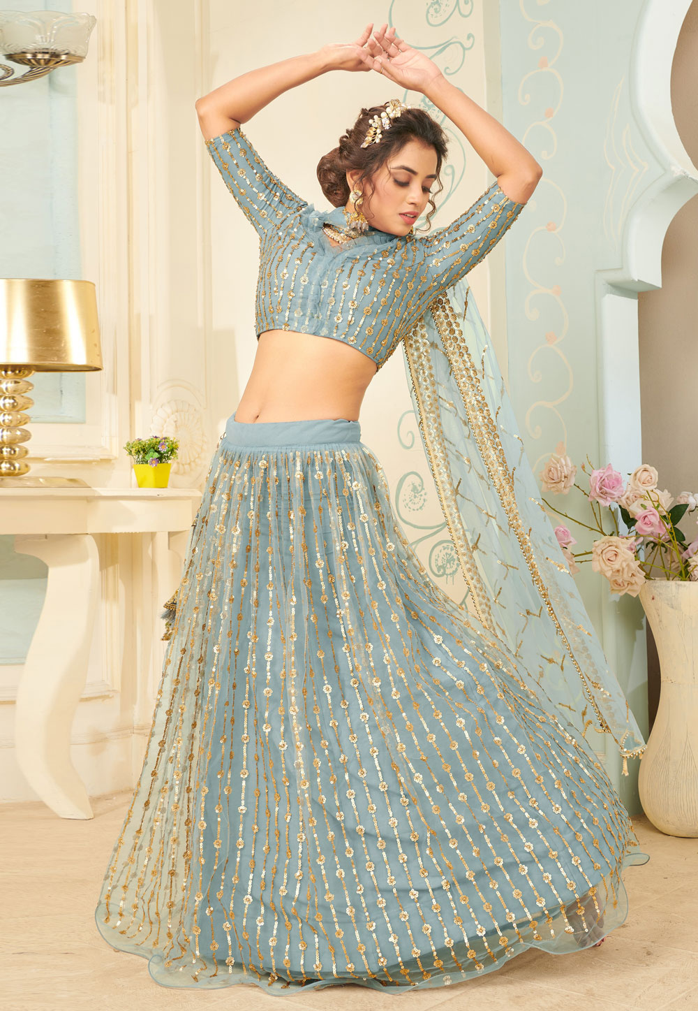 Sky blue net sequins work lehenga choli 1004