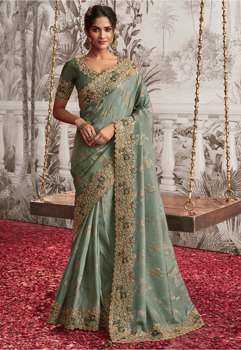 Mint green viscous art silk embroidered wedding saree with blouse 8205