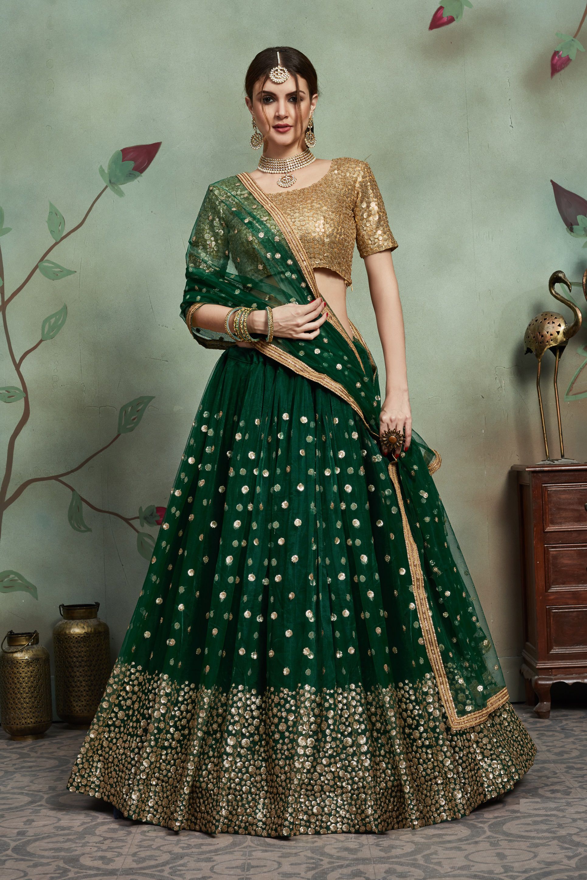 Buy Dark Green Net Sequins Wedding Lehenga In Uk Usa And Canada