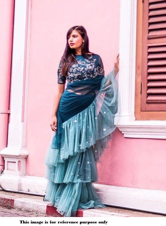 Buy Bollywood Model Teal georgette ruffle sareein UK, USA and Canada