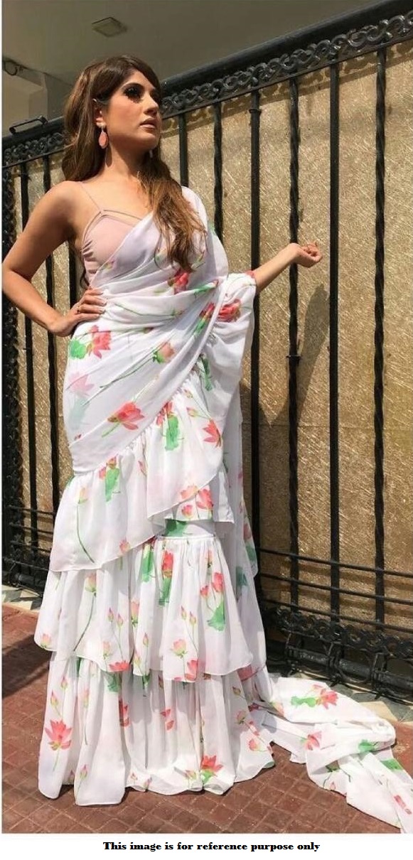 Buy Bollywood model white georgette Ruffle saree in UK, USA and Canada