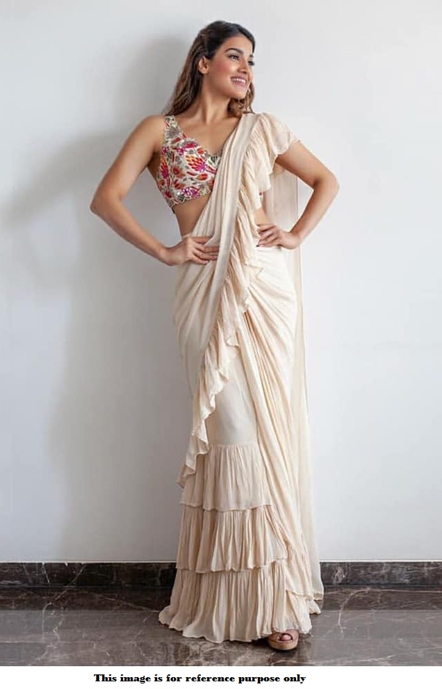 Buy Bollywood model Off white georgette ruffle saree in UK, USA and Canada