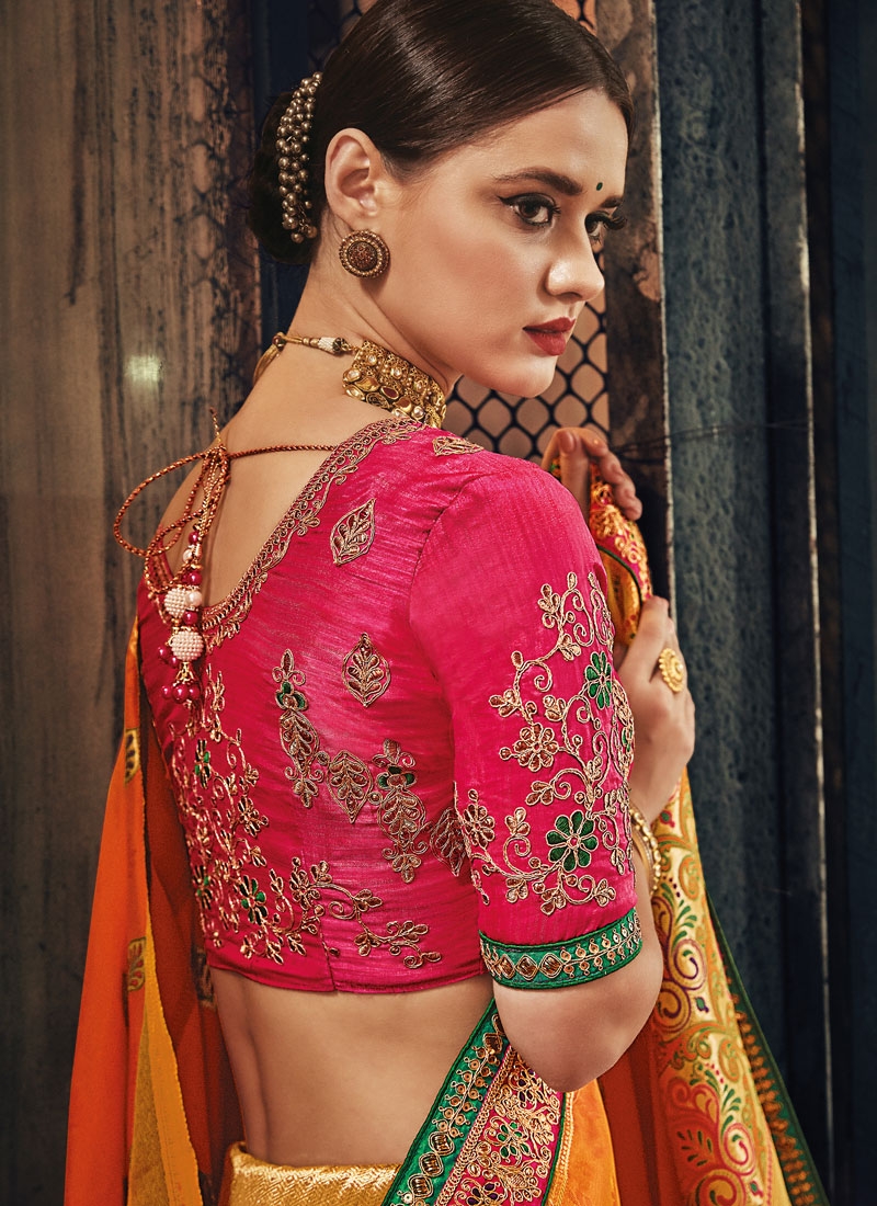 Buy Orange and pink Banarasi pure silk wedding wear saree in UK, USA ...