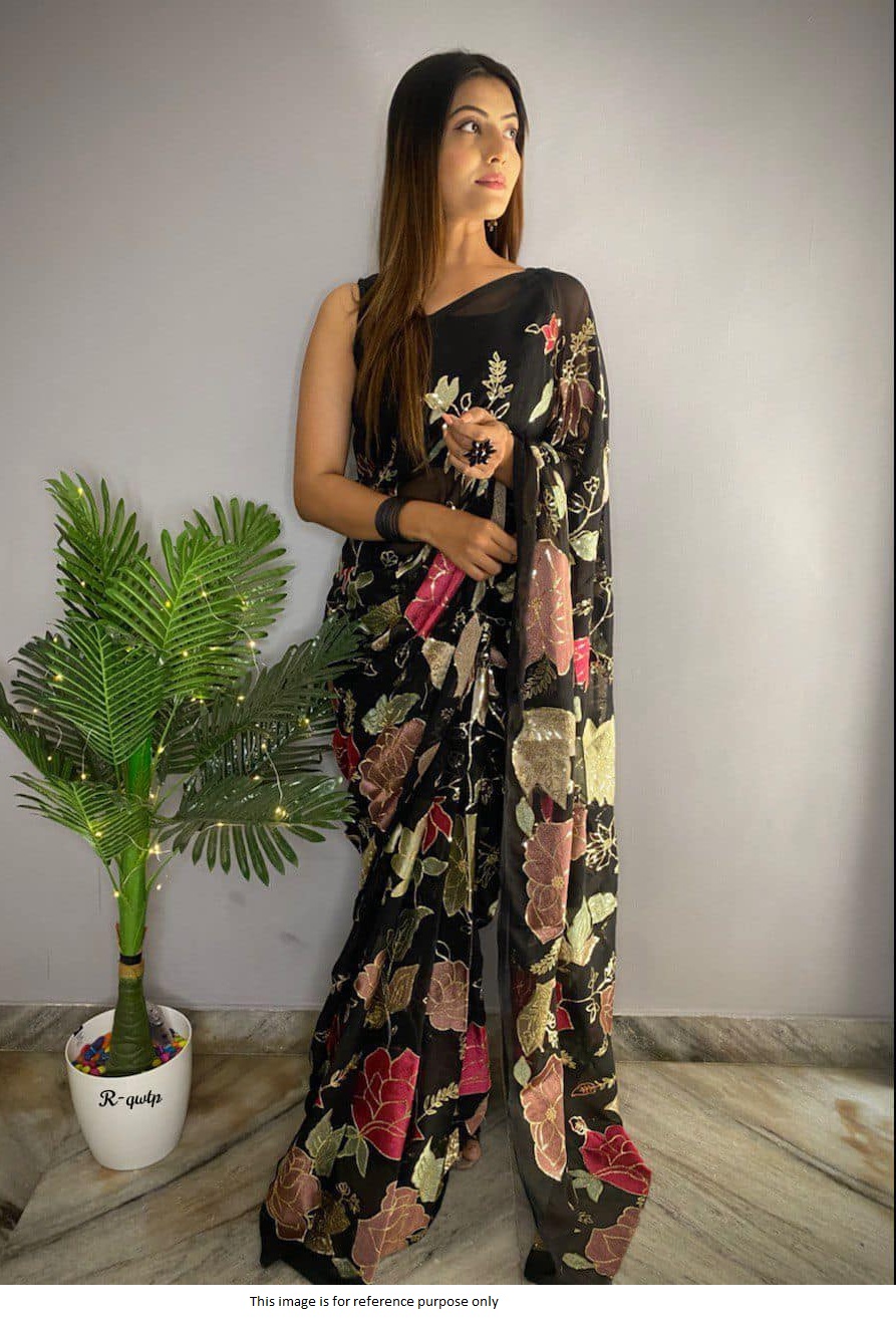 Buy Bollywood Model Black floral sequins party wear saree in UK, USA and Canada