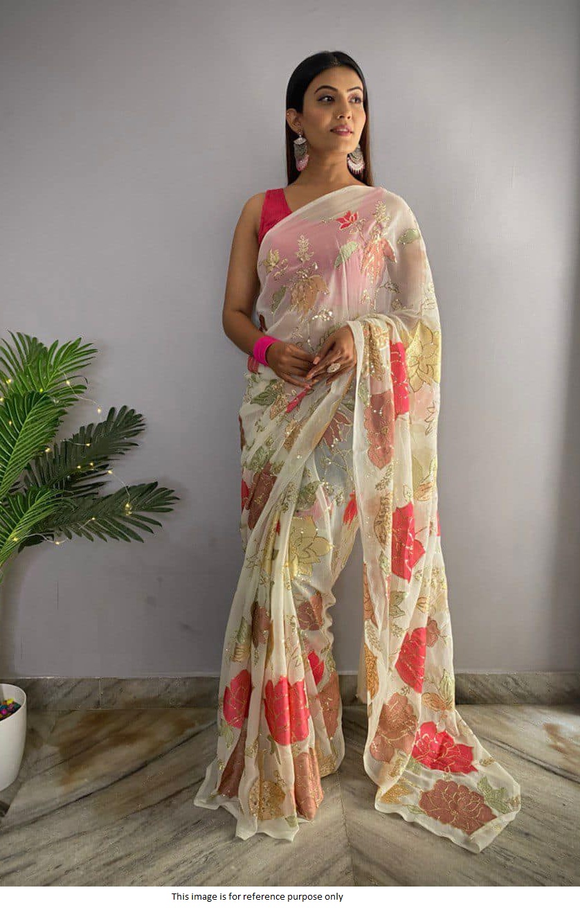 Buy Bollywood Model Offwhite floral sequins party wear saree in UK, USA and Canada