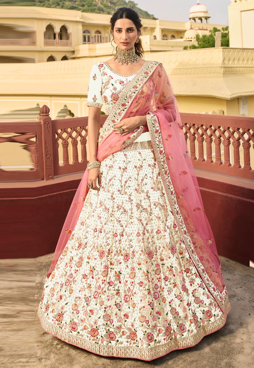 Designer Peach And White Party wear Lehenga