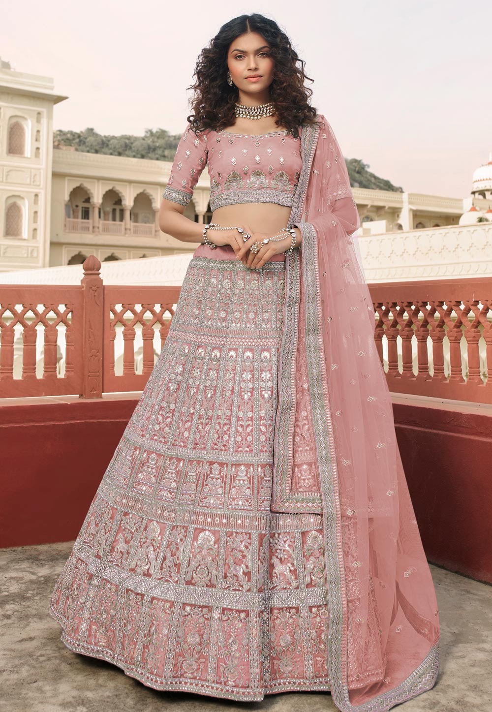 Pink organza party wear lehenga choli 7219