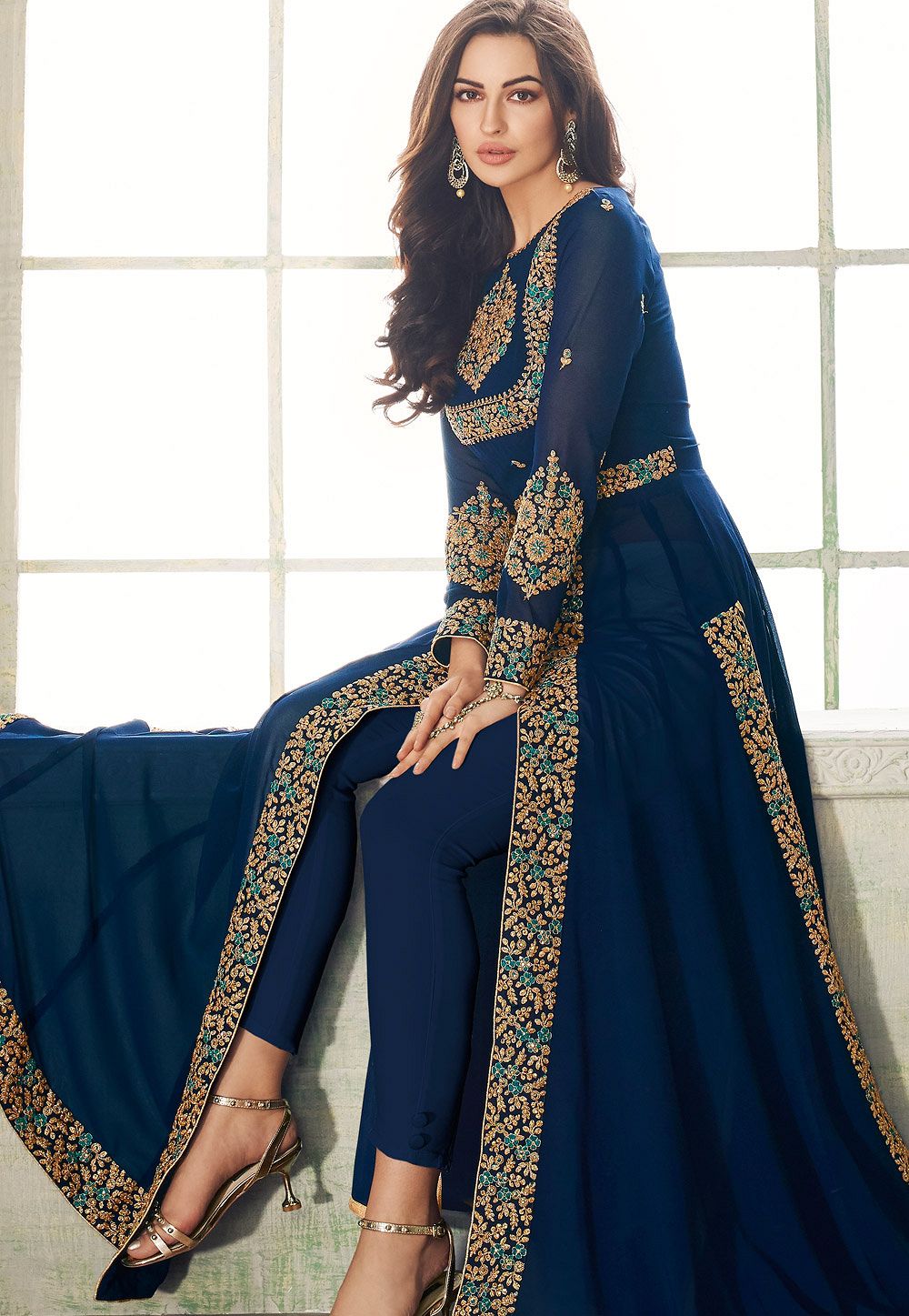 blue georgette embroidered trouser style suit 8206