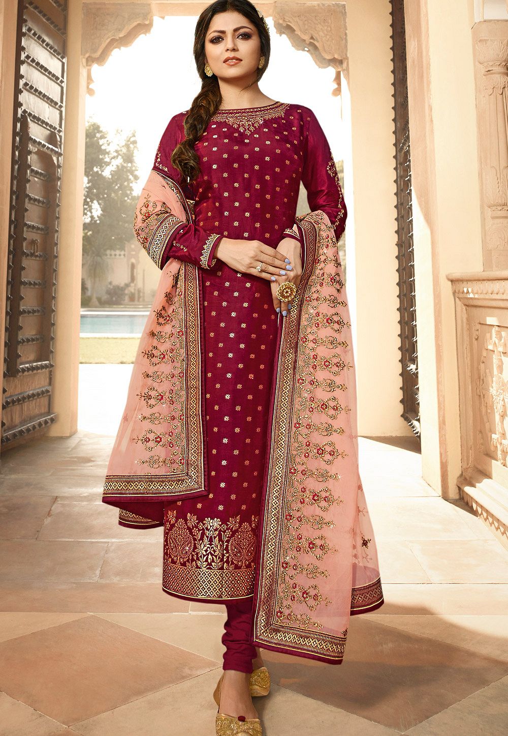 dark pink jacquard embroidered straight churidar suit 3703