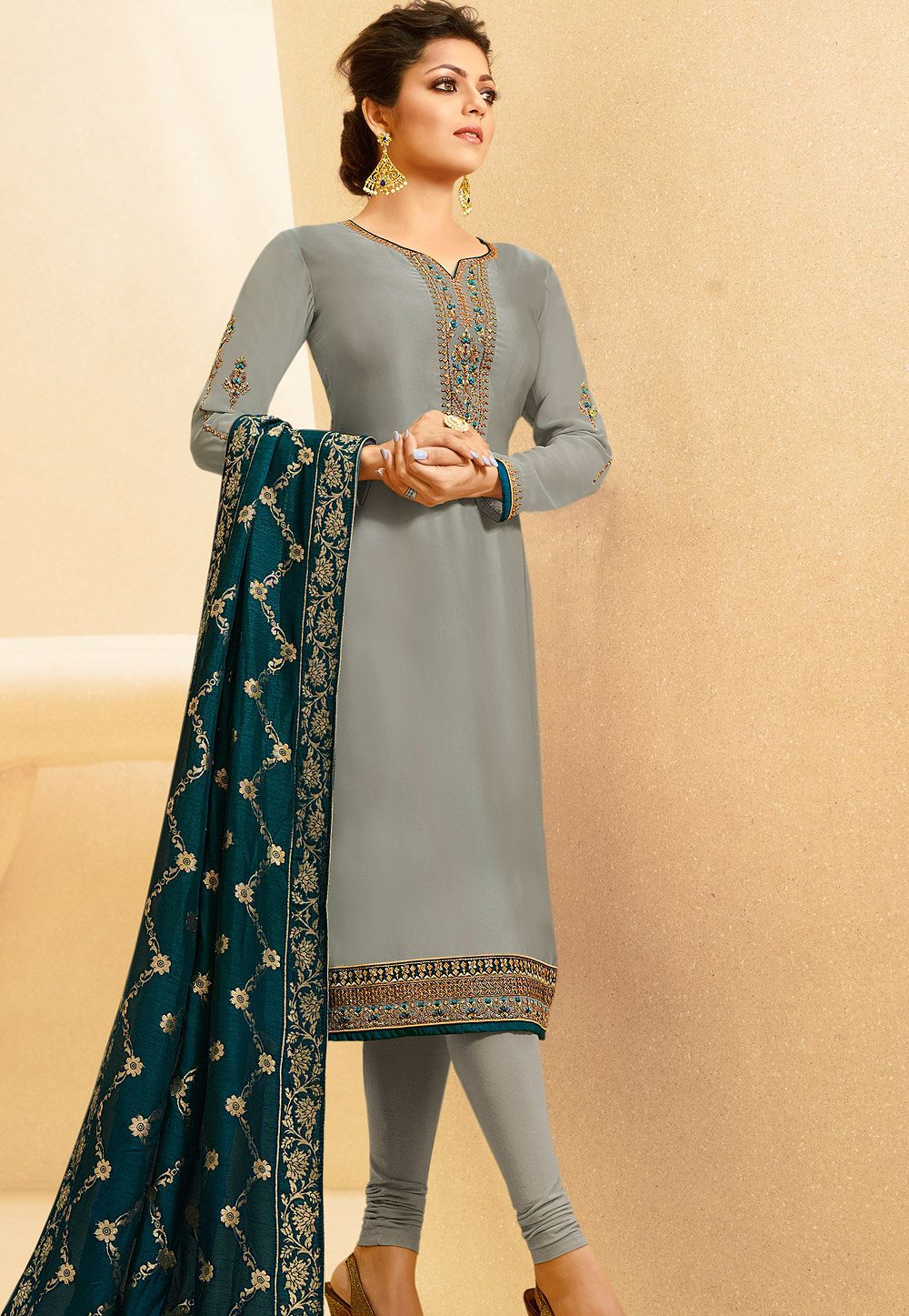 Drashti Dhami Grey Satin Georgette Straight Churidar Bollywood Suit 4008