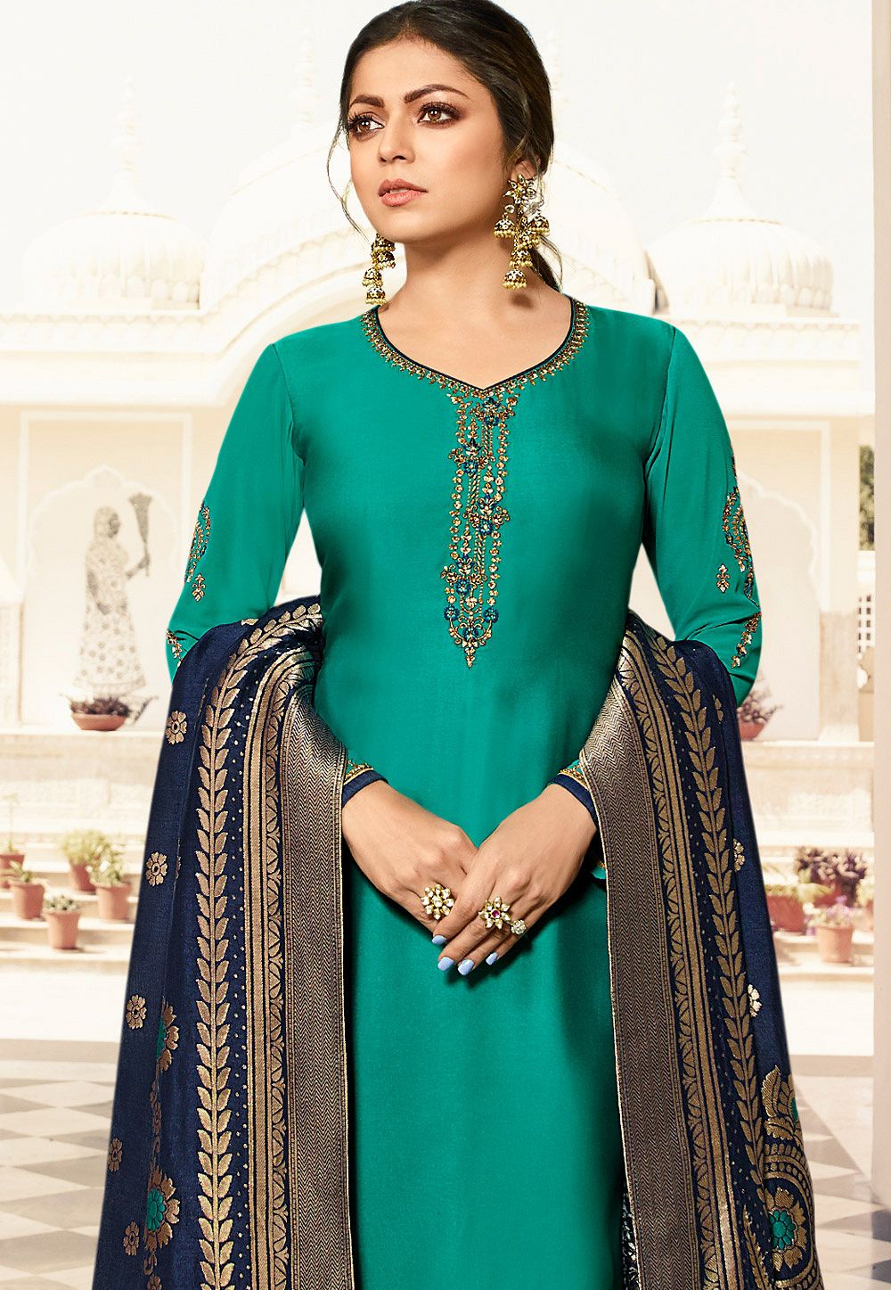 drashti dhami turquoise satin georgette straight churidar bollywood ...