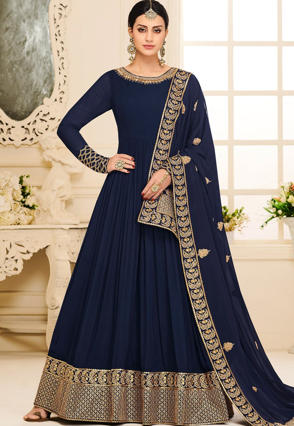 navy blue silk embroidered long ...
