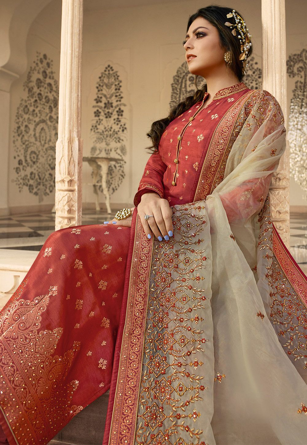 orange jacquard embroidered straight churidar suit 3707