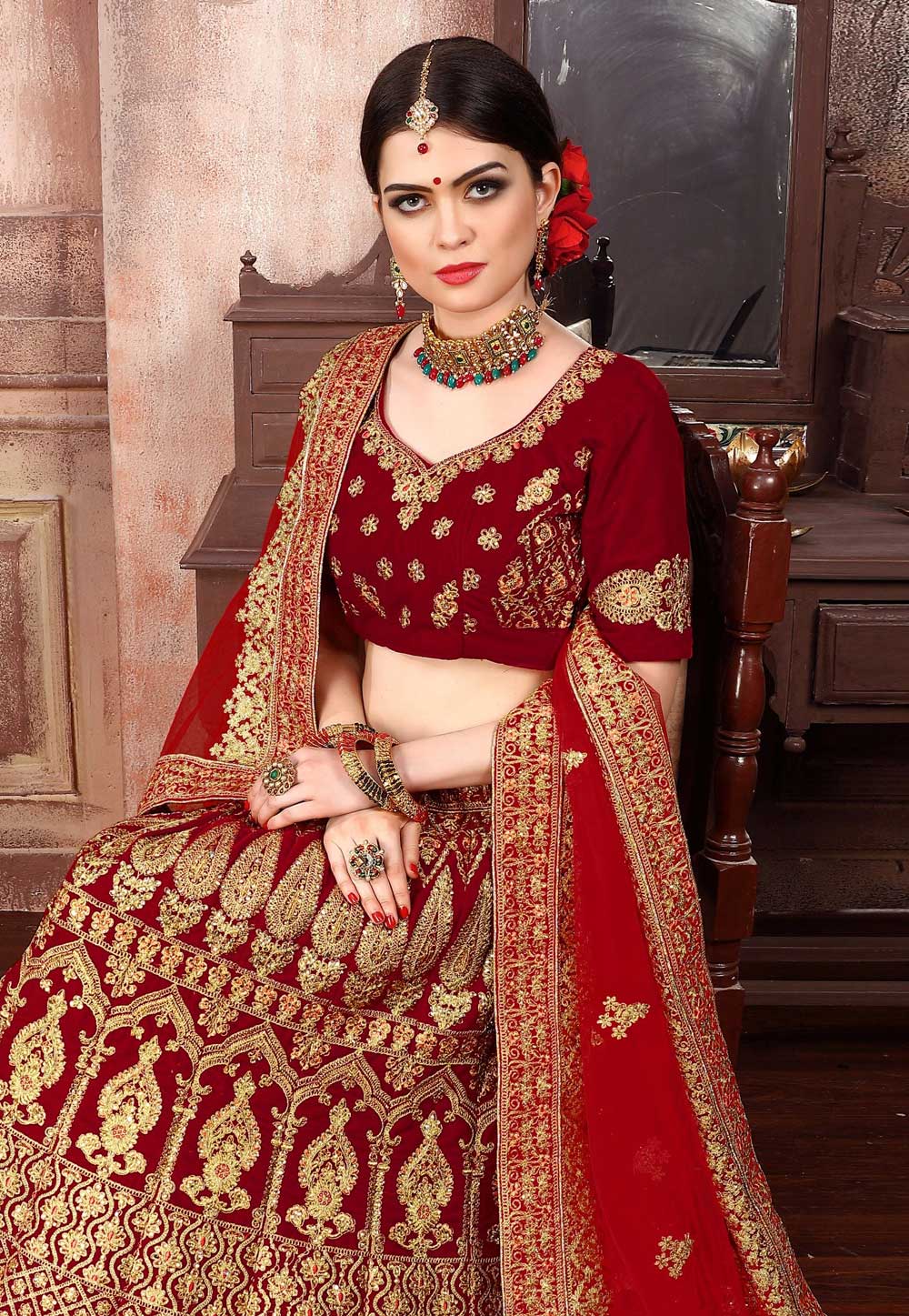 maroon velvet lehenga choli 1067