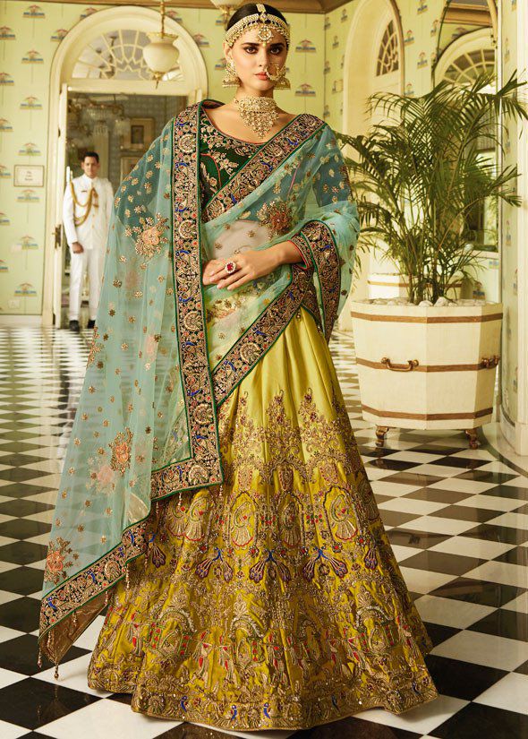 Kiwi Green Lehenga in Net with Mirror and Diamond Work - Kalanidhi