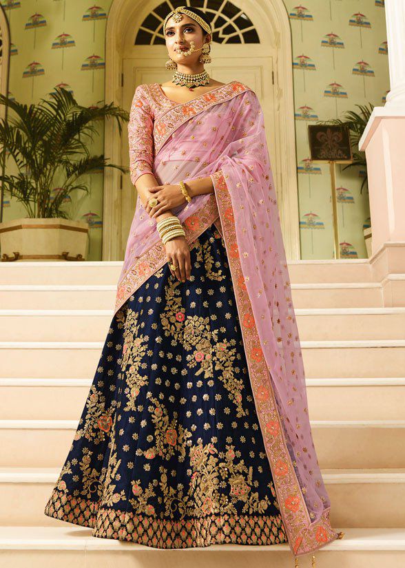 Sky Blue Thread Embroidered Silk Bridal Lehenga Choli With Pink Dupatta