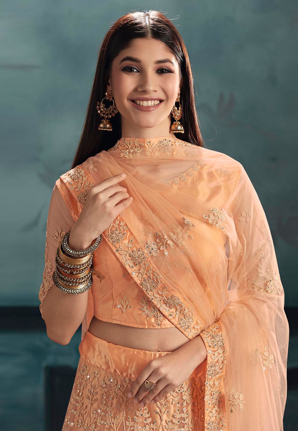 Peach net embroidered a line lehenga choli 3037