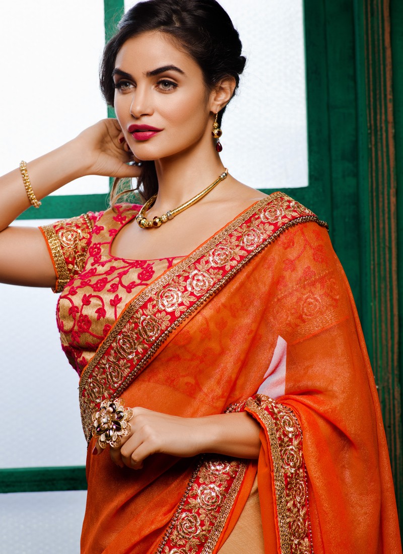 Buy Orange colour georgette with silk chiffon designer 