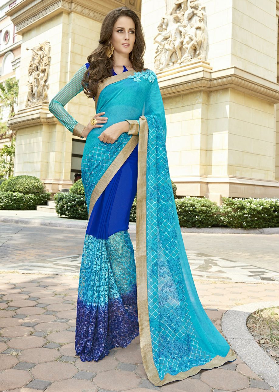 Blue Colored Embroidered Georgette Net Festive Saree 97058