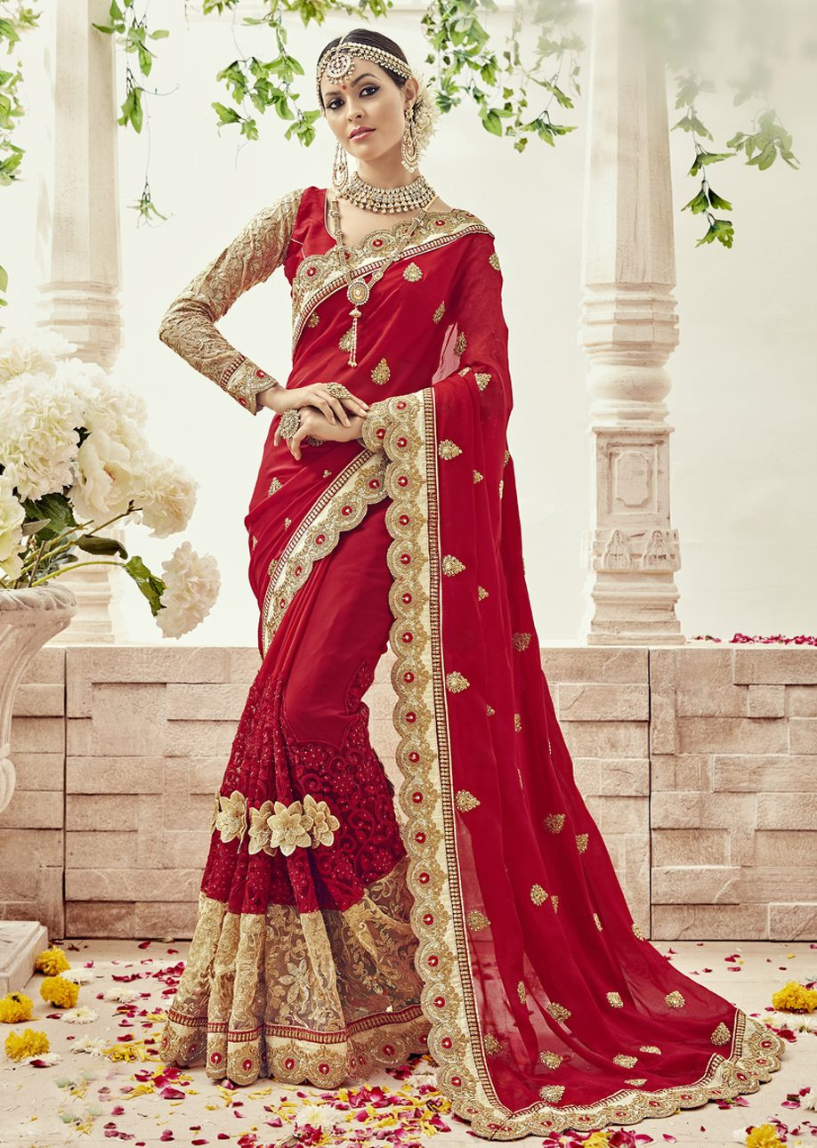 Red Georgette Net Embroidered Bridal Saree 1102